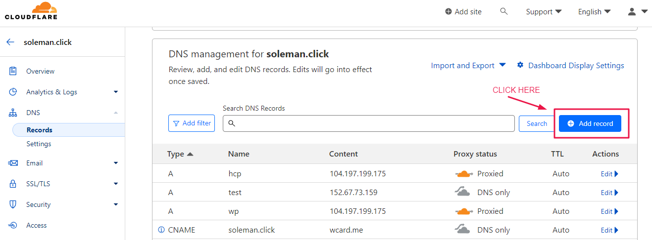 Image highlighting the add record option under DNS management for subdomain